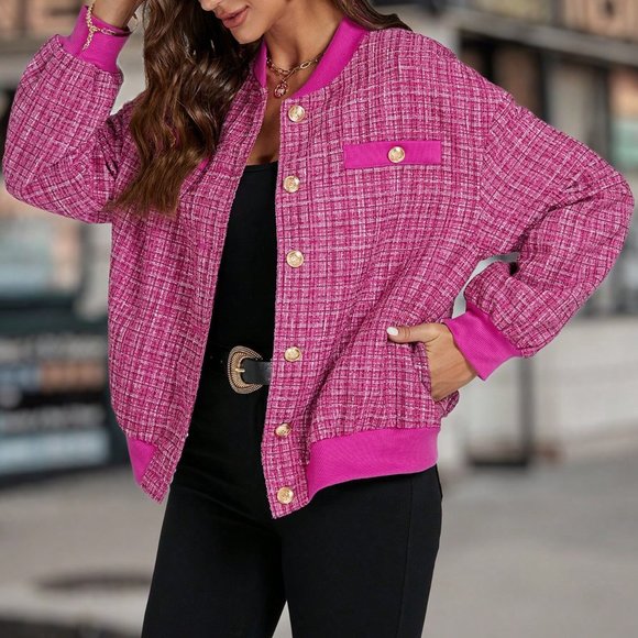 Pink Preppy Womens Plaid Pattern Drop Shoulder Tweed Overcoat - Picture 5 of 5